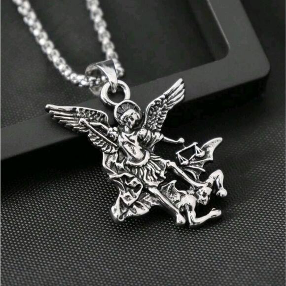 925 Silver Plated Archangel St. Michael Necklace Christmas Birthday Vtg Gift NEW